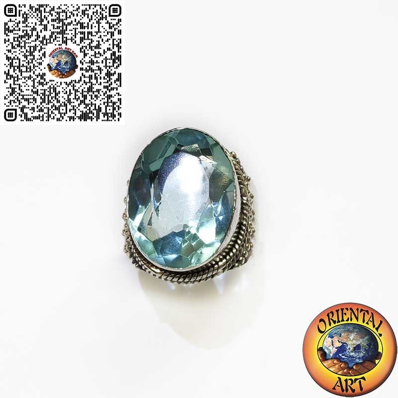 Bague Large en Argent 925 avec Topaze Bleue Ovale et Bordure à Perles