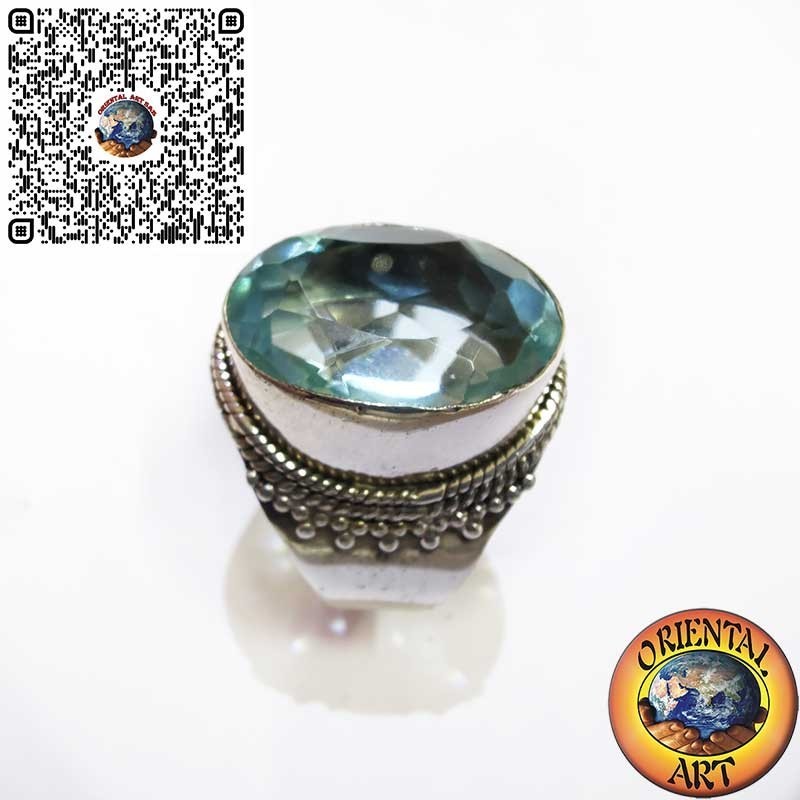 Wide Sterling Silver Band Ring with Oval Blue Topaz and Beaded Border