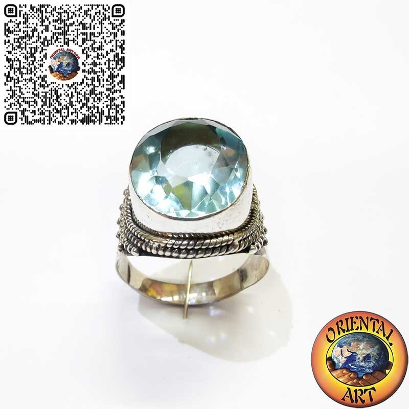 Wide Sterling Silver Band Ring with Oval Blue Topaz and Beaded Border