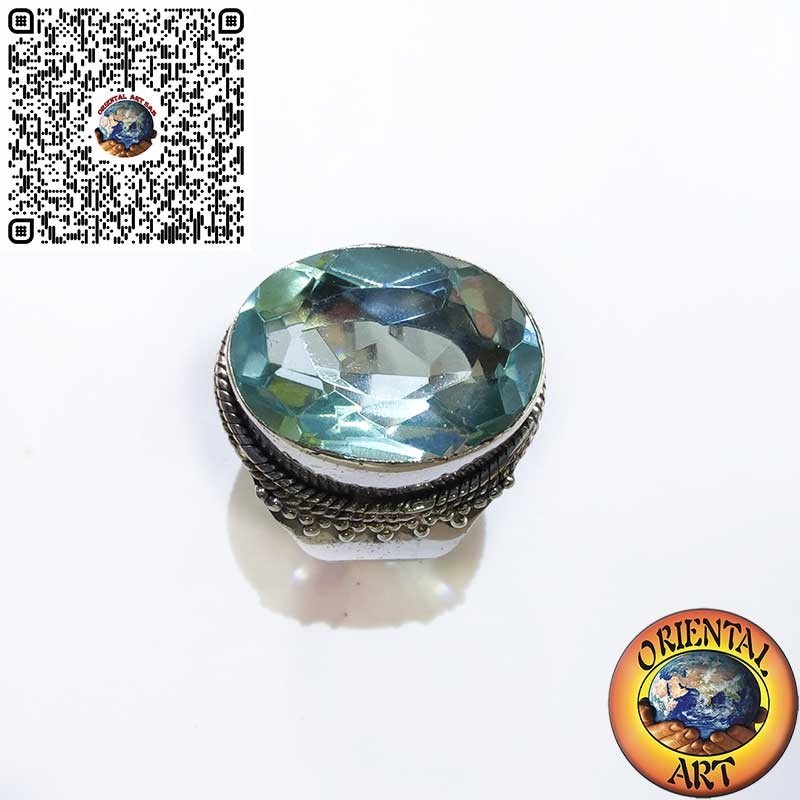 Wide Sterling Silver Band Ring with Oval Blue Topaz and Beaded Border