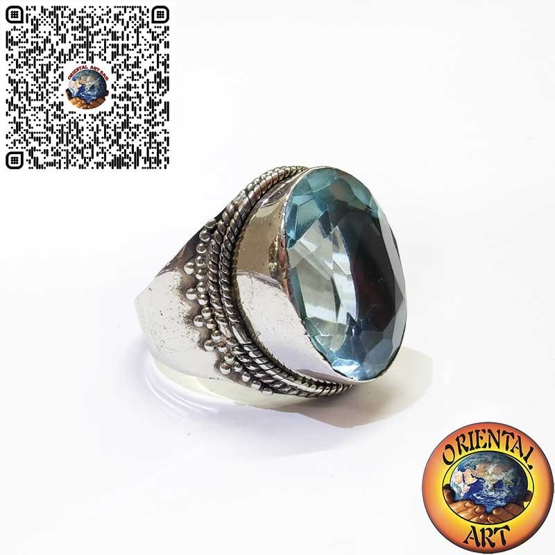 Anello in Argento 925 a Fascia Larga con Topazio Blu Ovale e Contorno a Sfere