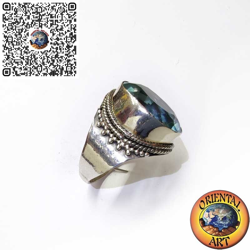 Wide Sterling Silver Band Ring with Oval Blue Topaz and Beaded Border