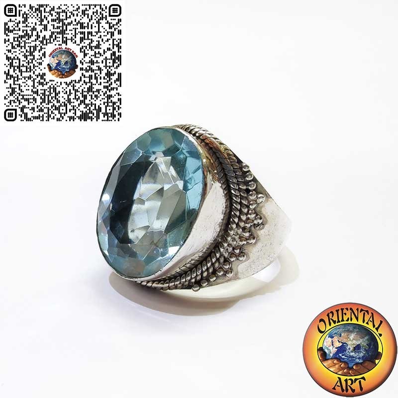 Wide Sterling Silver Band Ring with Oval Blue Topaz and Beaded Border