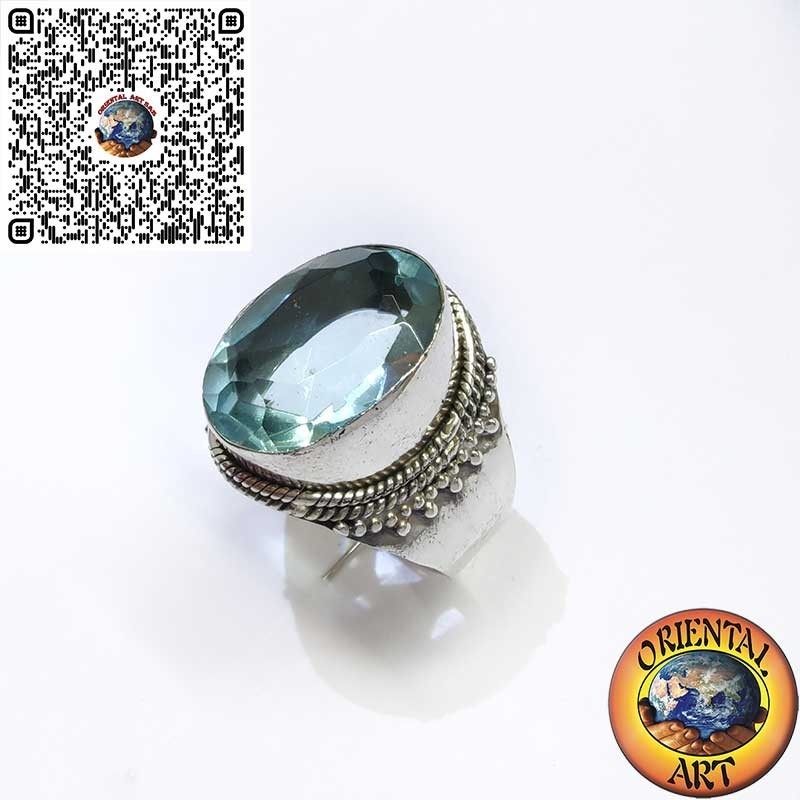 Wide Sterling Silver Band Ring with Oval Blue Topaz and Beaded Border