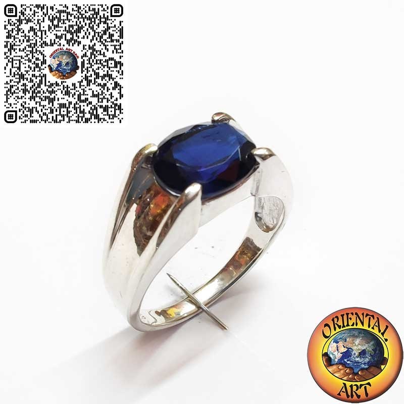 Anello da Uomo in Argento 925 con Zaffiro Sintetico Ovale a 4 Griffe Trasversali