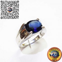 Men’s Sterling Silver Ring with Synthetic Oval Sapphire in Diagonal 4-Prong Setting