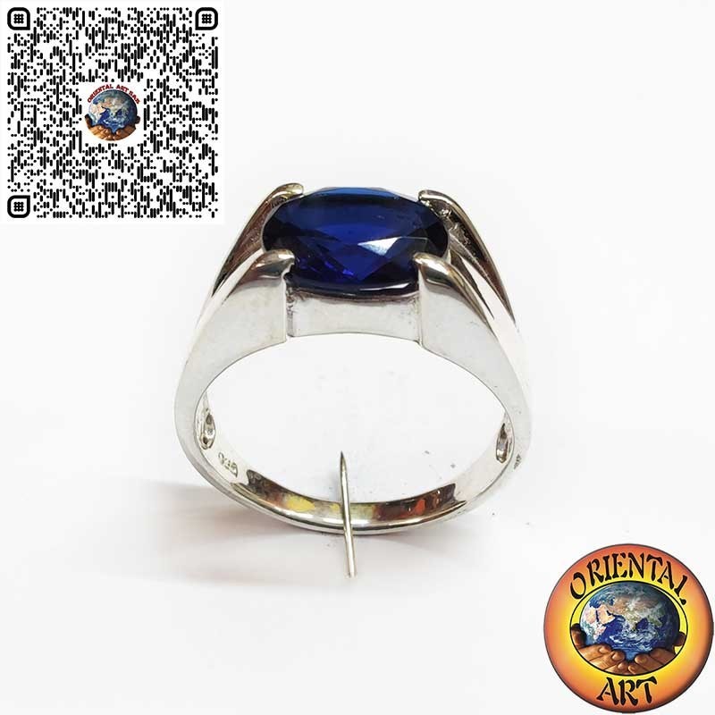 Anello da Uomo in Argento 925 con Zaffiro Sintetico Ovale a 4 Griffe Trasversali