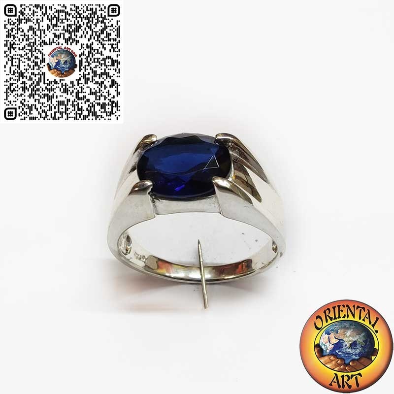 Men’s Sterling Silver Ring with Synthetic Oval Sapphire in Diagonal 4-Prong Setting
