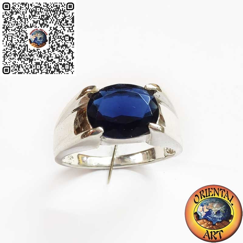 Anello da Uomo in Argento 925 con Zaffiro Sintetico Ovale a 4 Griffe Trasversali