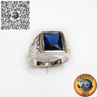 Men’s 925 Sterling Silver Ring with Rectangular Synthetic Sapphire and Handcrafted Engravings