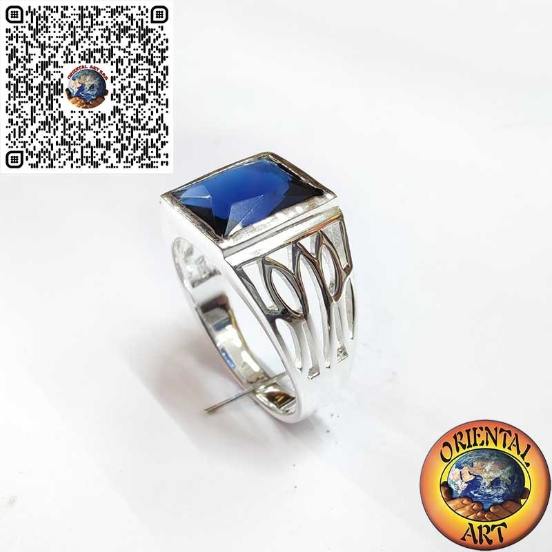 Men’s 925 Sterling Silver Ring with Rectangular Synthetic Sapphire and Handcrafted Engravings