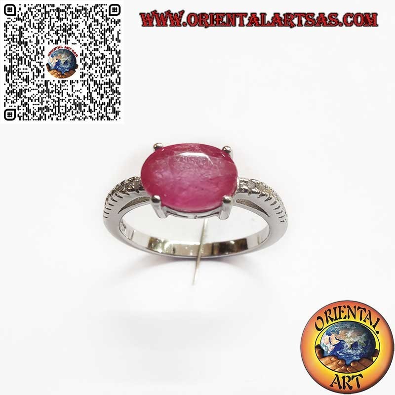 Bague en Argent 925 avec Rubis Naturel Ovale – Monture Croisée et Zircons Latéraux