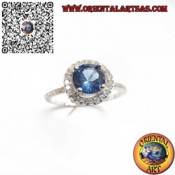 Anello Zaffiro Tondo e Zirconi in Argento 925 - Elegante Classico