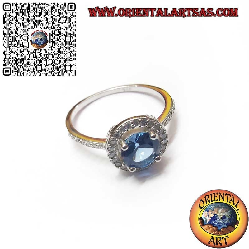 925 Silver Ring with a Brilliant Round Synthetic Sapphire Surrounded by Zircons