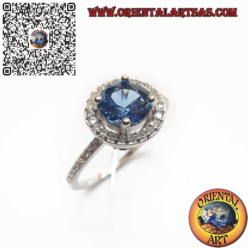 Anello Zaffiro Tondo e Zirconi in Argento 925 - Elegante Classico