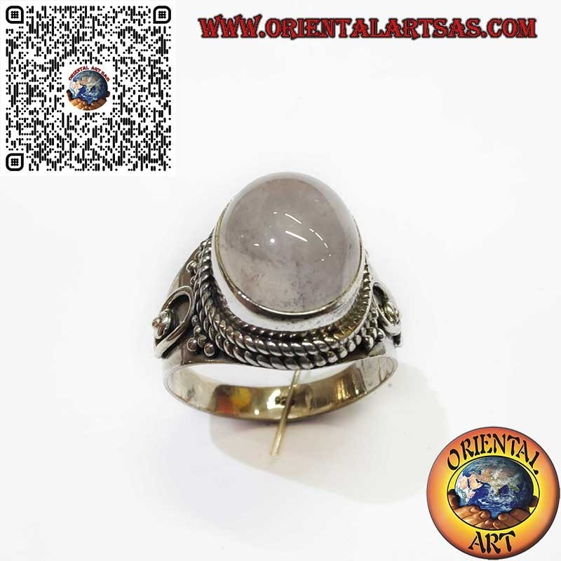 Bague en Argent 925 avec Quartz Rose Naturel – Tresse et Spirales Latérales