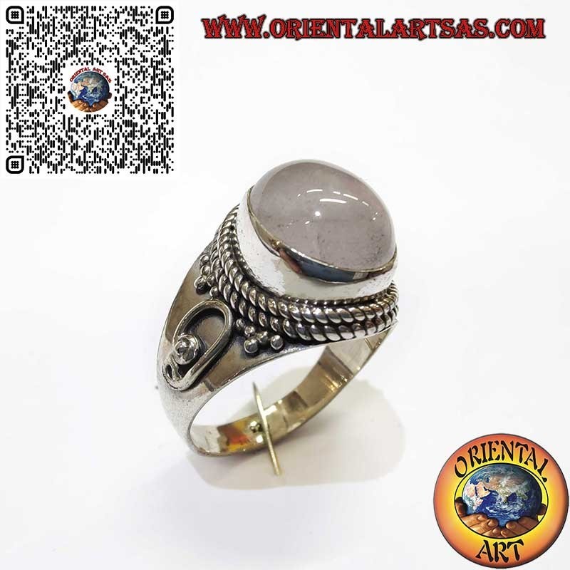 925 Silver Ring with Natural Rose Quartz – Braided and Spiral Details