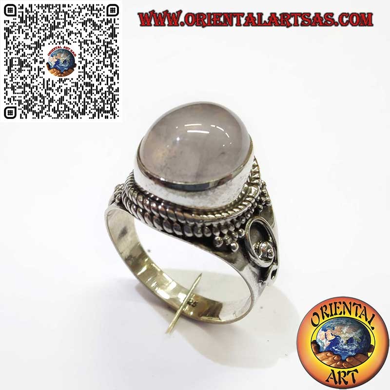 Bague en Argent 925 avec Quartz Rose Naturel – Tresse et Spirales Latérales