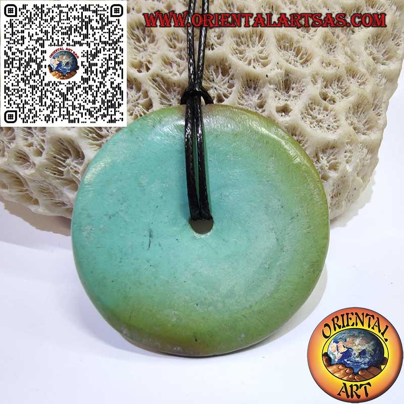 Pendentif disque/beignet turquoise tibétain antique, 42 mm. Ø longe incluse