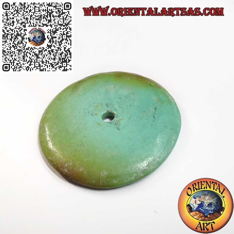 Pendentif disque/beignet turquoise tibétain antique, 42 mm. Ø longe incluse