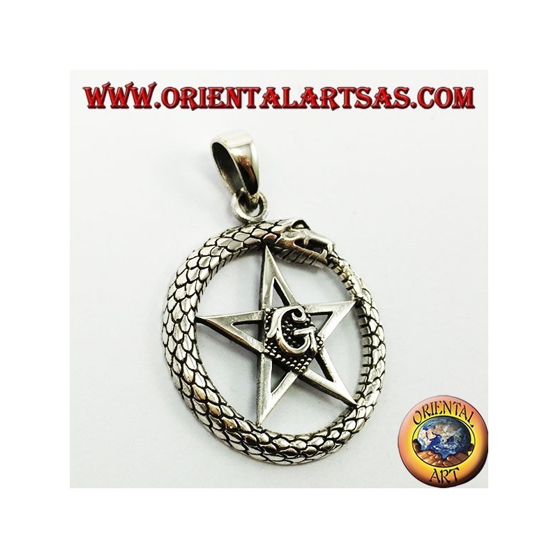 Silver Pendant, Uroboro Ouroboros with Pentacle Mason