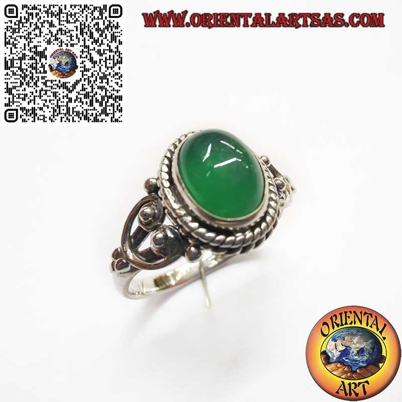 Bague en Argent 925 avec Agate Verte Naturelle Ovale et Décorations Latérales