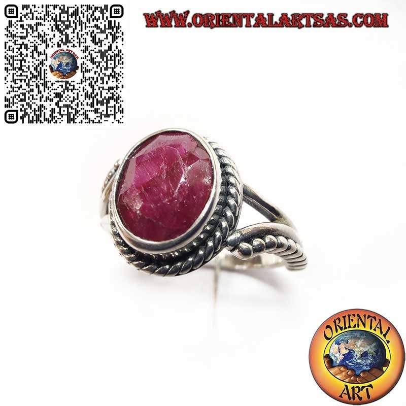 925 Silver Ring with Natural Oval Ruby, Spheres, and Decorations
