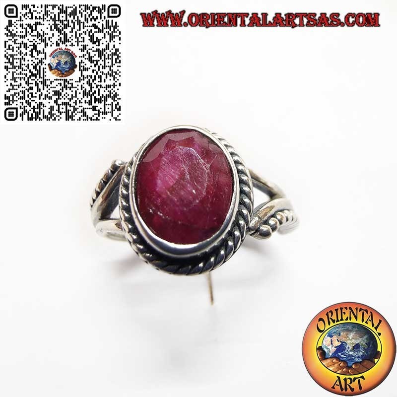 Ring aus 925er Silber mit natürlichem ovalem Rubin, Kugeln und Verzierungen