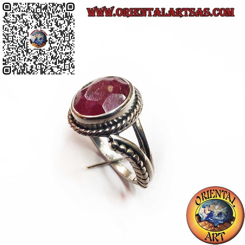 925 Silver Ring with Natural Oval Ruby, Spheres, and Decorations