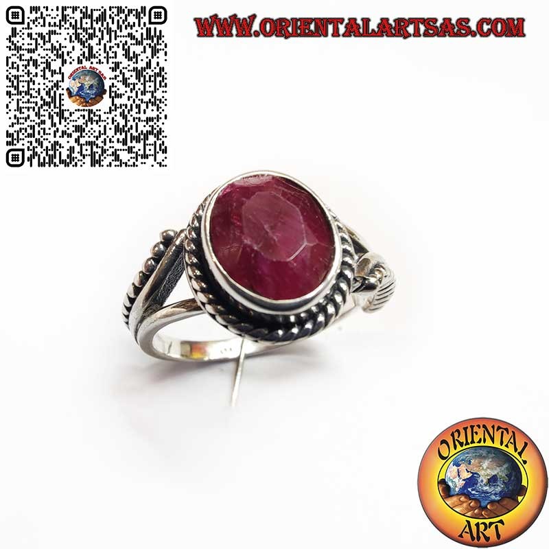 925 Silver Ring with Natural Oval Ruby, Spheres, and Decorations