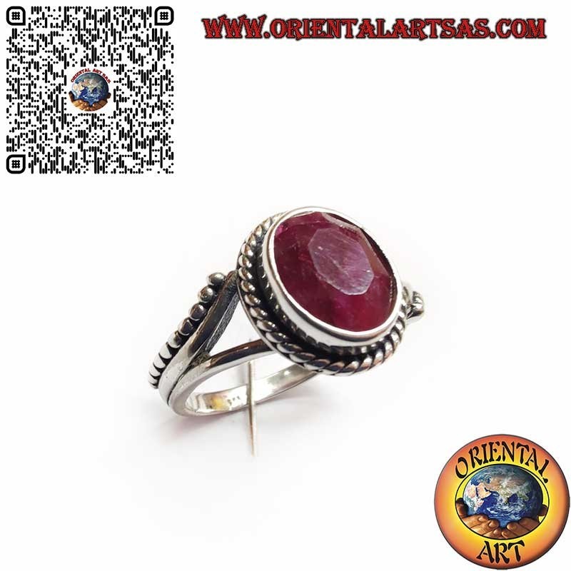 925 Silver Ring with Natural Oval Ruby, Spheres, and Decorations