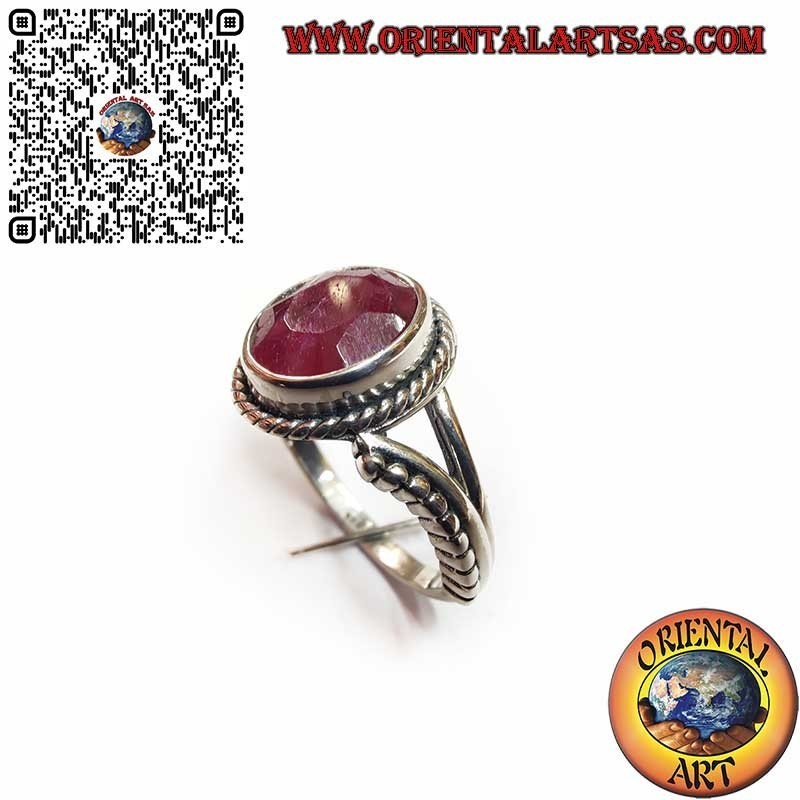 925 Silver Ring with Natural Oval Ruby, Spheres, and Decorations
