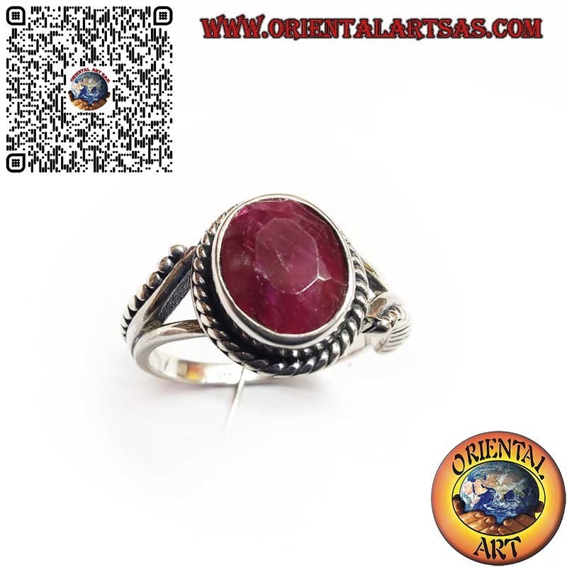 Ring aus 925er Silber mit natürlichem ovalem Rubin, Kugeln und Verzierungen