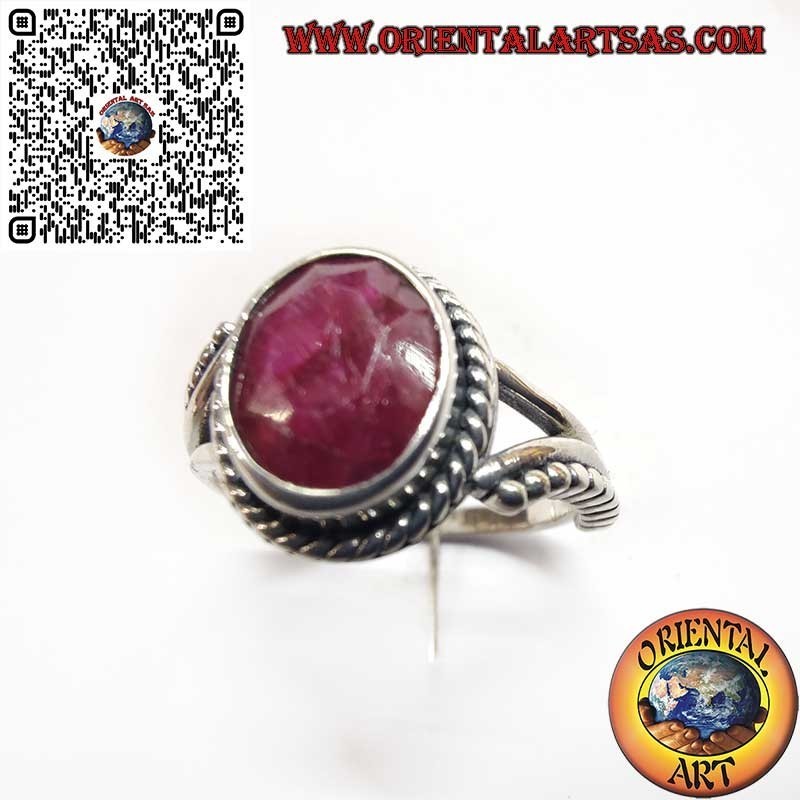 Ring aus 925er Silber mit natürlichem ovalem Rubin, Kugeln und Verzierungen