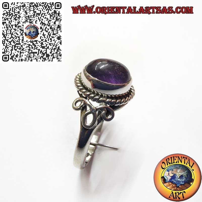 Anello in Argento con Ametista Naturale Ovale a Cabochon e Treccia