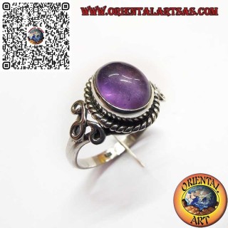 Silberring mit Ovalem Amethyst-Cabochon und Geflochtenem Rand