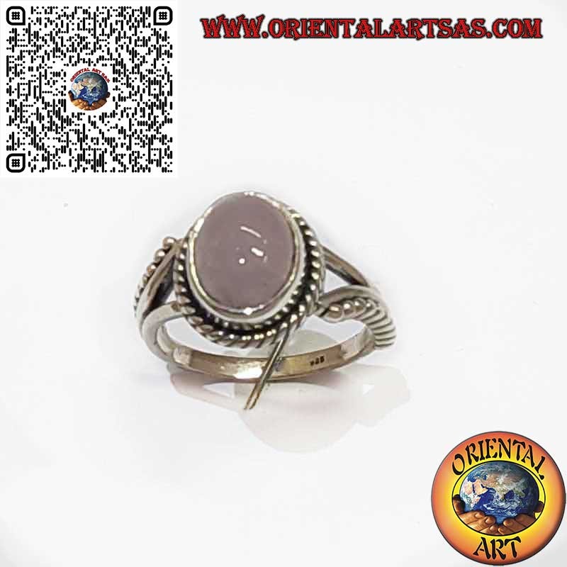 Anello Argento 925 con Quarzo Rosa Naturale Ovale Treccia Sfere