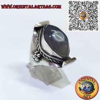 Anillo Plata 925 Ágata Ojo de Shiva ovalada (23x16 mm). Pieza única nepalí hecha a mano, talismán de protección.