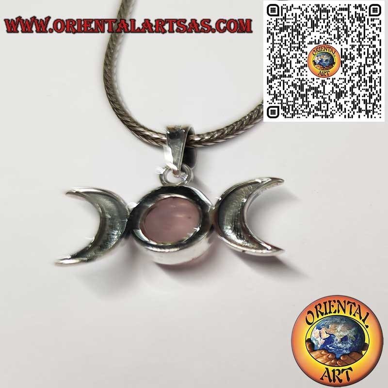 Sterling Silver Triple Moon Goddess Pendant with Rose Quartz – Wiccan Amulet