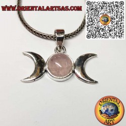 Ciondolo in argento 925 con Luna Triplice Wicca e quarzo rosa, simbolo di amore e intuizione.