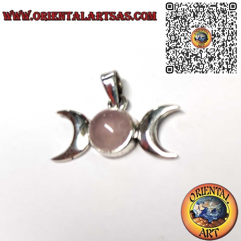 925 Silber Anhänger Triple-Moon-Göttin mit Rosenquarz – Wicca-Amulett