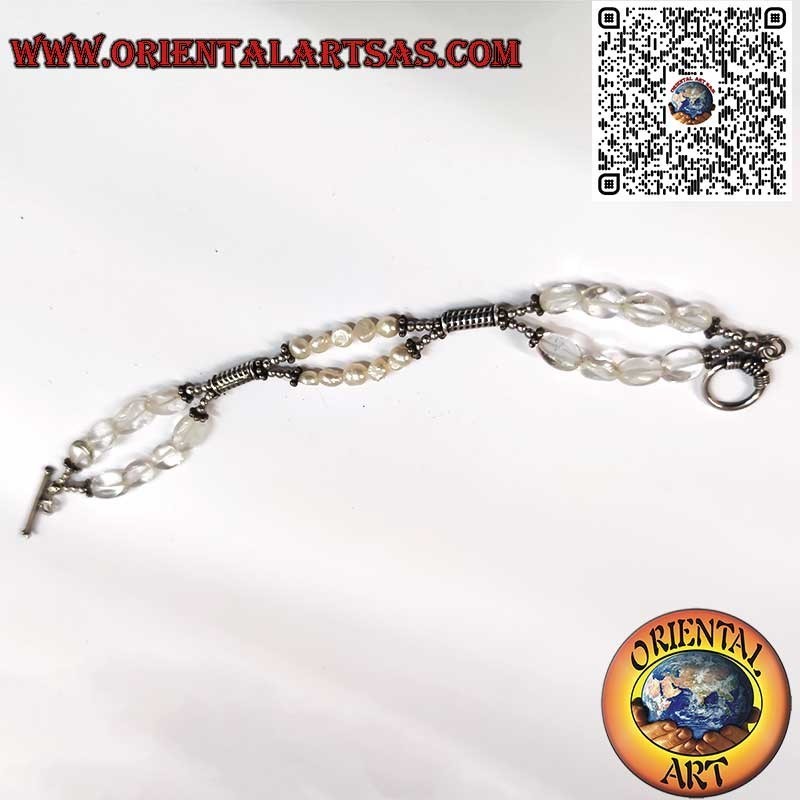 Artisanal Silver Bracelet with Freshwater Pearls and Rock Crystal