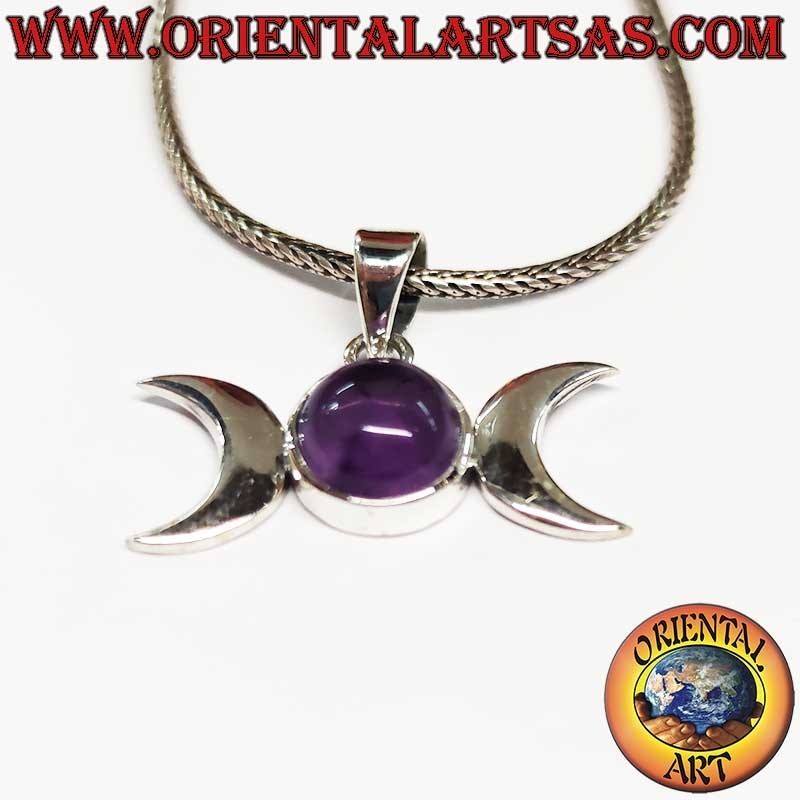 Triple Goddess Pendant Silver 925 Central Amethyst - Moon Symbol