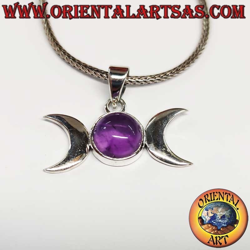 Pendentif Triple Déesse Argent 925 Améthyste Centrale - Symbole Lunaire