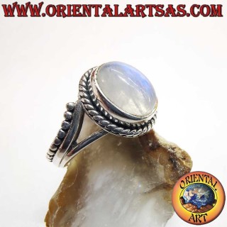 Bague en argent - Pierre de lune arc-en-ciel - Ornement asymétrique