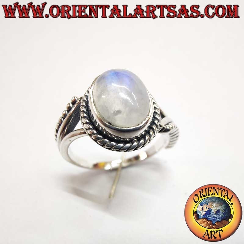 Anillo Plata Piedra Luna Arcoíris Oval - Joya Iridiscencia