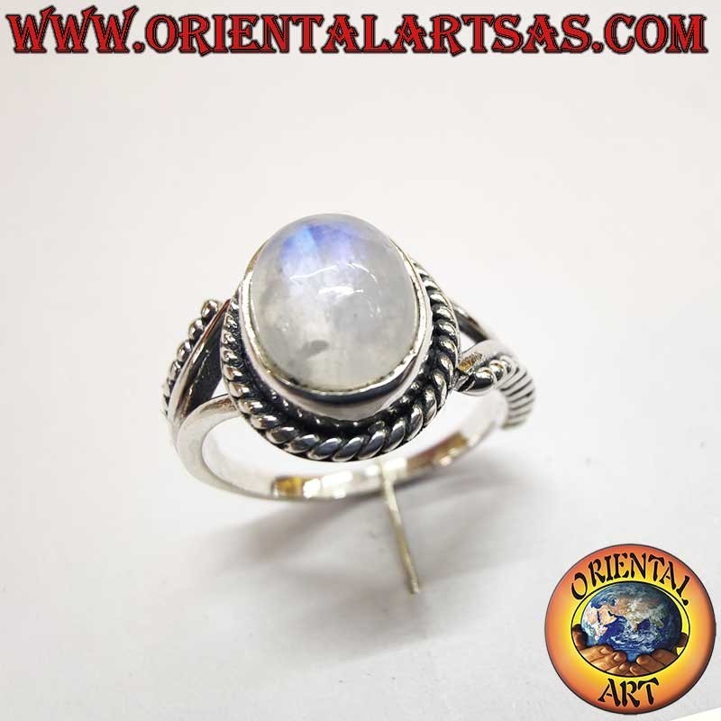 Bague en argent - Pierre de lune arc-en-ciel - Ornement asymétrique