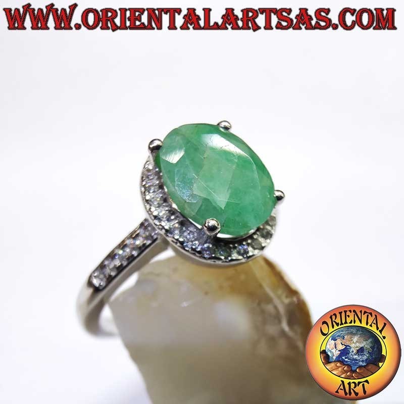Anillo Plata 925 Esmeralda Natural Oval - Contorno Circonitas