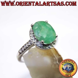 Bague Ovale en Argent 925 avec Émeraude Naturelle et Contour de Zircons
