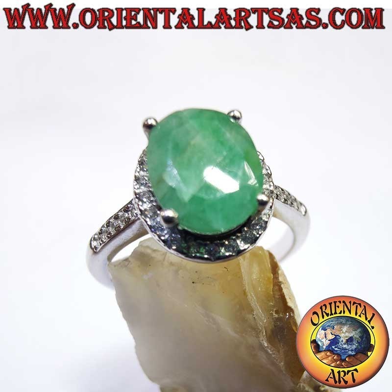 Bague Argent 925 Émeraude Naturelle Ovale - Contour Zircons